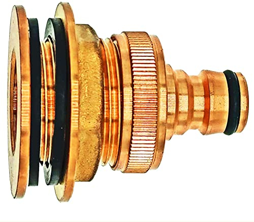 Tank Durchführung 3/4 Rohr Zoll Aussengewinde AG mit 1/2 Rohr Zoll Innengewinde IG + 2 Dichtungen für Lochdurchmesser 27mm + Anschlussstück flachdichtend Stecker passend für Gardena Schlauch