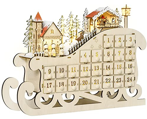 HOMCOM Calendario dell'Avvento in Legno a Forma di Slitta con 24 Cassetti da Riempire, Decorazioni e Luci a LED, 45x10x31cm