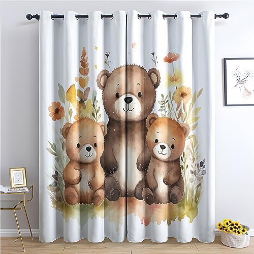 Rideau Occultant Thermiques Ours Enfant - Lot de 2 Rideaux Imprimé pour Salon Chambre Fenetre Cuisine, Rideaux et Draperies Intérieurs à Oeillets, 75x166 cm (LxH)