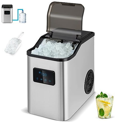 RELAX4LIFE Máquina de Hielo Autolimpiante 27kg/24H, Nugget Ice, Máquina de Hielo de Acero Inoxidable con Pantalla LED Táctil, 2 Modos de Llenado de Agua 2,5L para Casa, Oficina, Cocina (Plateado)