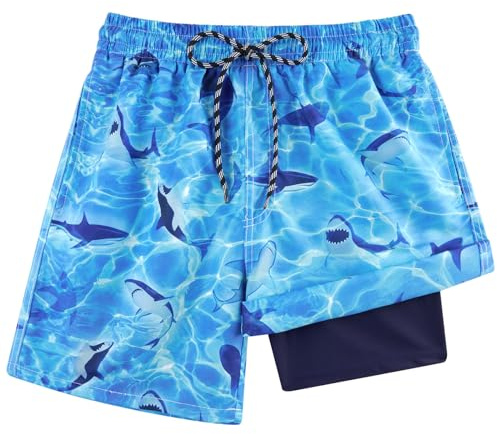 kids4ever badbyxor pojkar barn badshorts med kompression foder 2 i 1 snabbtorkande strandbyxor surfshorts korta simbyxor 7–18 år, Haj, 7 år