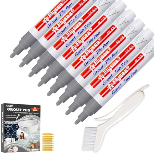 Anwlki 8 Stück Fugenstift Hellgrau mit 1 Reinigungsbürste und 8 Ersatzspitze, Wasserfest Fugenstift Fliesen Fugen Stift für Wand und Boden in Badezimmer, Küche, Wohnzimmer, Schlafzimmer (Hellgrau)