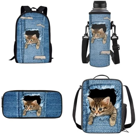 UOIMAG Schultaschen-Sets für Jungen und Mädchen, Rucksack mit Lunchtasche, Federmäppchen, Wasserflaschenhalter, Kindertaschen, Katzen-Denim-Druck, Einheitsgröße, Schulranzen-Set