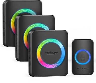 TECKNET Campanello Senza Fili Impermeabile IP65(1 Trasmettitore e 3 Ricevitore), Portata 400M, 5 Livelli Volume 60 Melodie, RGB Campanello Wireless Esterno, Nero