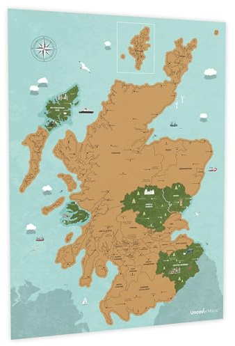 Uncover Maps Schottland Rubbelkarte – A2 Reiseposter mit illustrierten Sehenswürdigkeiten und NC500 – einzigartiges Campervan-Accessoire, Klassenzimmer-Karte oder Wandkunst, Geschenk