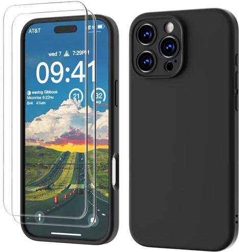 GOODVISH 3 in 1 für iPhone 16 Pro Hülle mit 2 Stück Schutzfolie, Schwarz | Liquid Silikon Handyhülle Kameraschutz, Soft Mikrofaserfutter Kratzfest Stoßfeste Schutz Case für iPhone 16 Pro 6.3