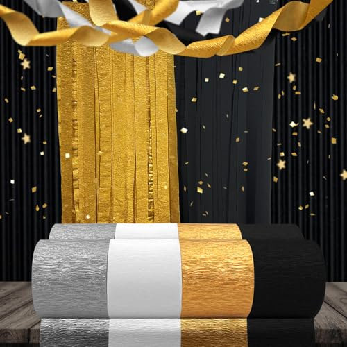 Krepppapier-Luftschlangen für Weihnachten, Geburtstag, Hochzeit, Silvester, Partyzubehör 2025, goldfarben, Schwarz, 8 Rollen