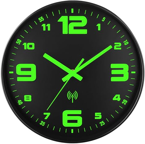 DIYZON Funk-Wanduhr, 30 cm, Beleuchtete Wanduhr, ohne Ticken | Geräuschlos, Lautlos, Quarzwerk, Moderne Glas-Wanduhr, Batteriebetrieben, gut Ablesbar, Beleuchtete Wanduhr
