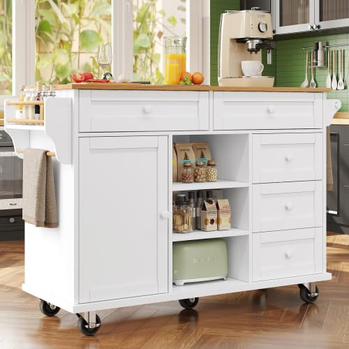 KUAKE Carrello da cucina, isola della cucina, credenza con ruote, credenza con ante e 5 cassetti, armadietto a buffet con scaffalatura, mobile e fisso, dual-uso, 134 x 46 x 92 cm (bianco)