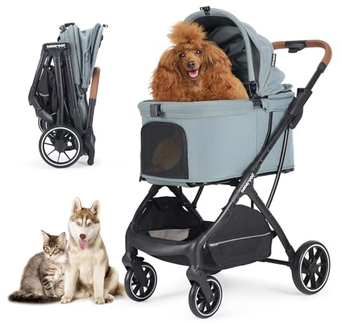 T5 Luxury Pet Stroller for Medium Dog Under 60 lbs or 2 Small Dogs & Cats with 180 - Canopy, Sun Shades, Foldable Dog Stroller for Multiple Pets, (Green)