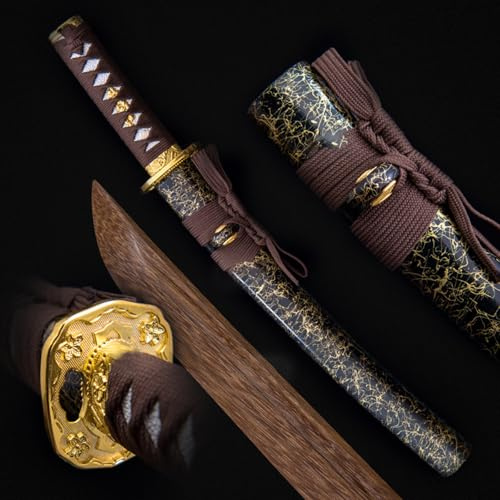 HJHUUA 53 cm Kurze Samuraischwerter aus Holz,Japanisches Wakizashi aus Holz,Katana aus natürlichem Wengeholz,handgefertigtes Bokken für Geschenke,Dekoration,Display,Cosplay,Requisiten