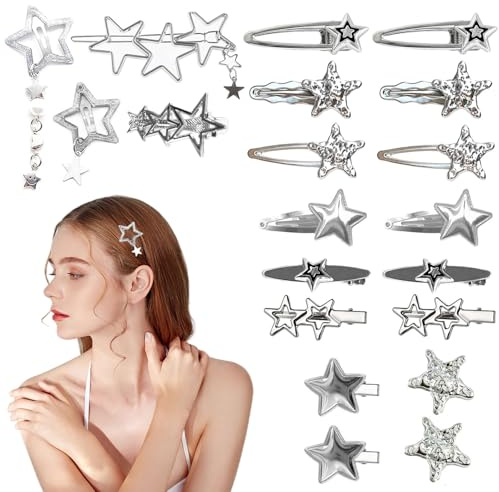 Calkkrer 20 Stück Silberne Haarspangen Damen, Y2K Star Haarspangen Metall, Pentagramm Haarclips Silber, Kleine Haarklammern für Mädchen, Coole Haarnadeln