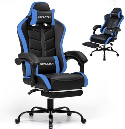 GTPLAYER Gaming Stuhl, Bürostuhl Gamer Stuhl, Ergonomischer Gamer Sessel mit Fußstütze, Gaming Chair PU Leder PC-Stuhl Verbreiterte Rückenlehne 150KG, Blau
