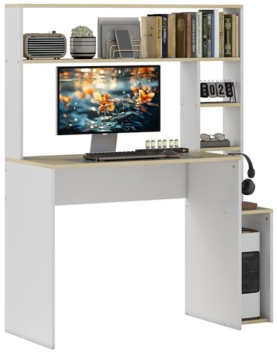 HOMCOM Schreibtisch 113 x 45 cm Computertisch Bürotisch mit offenen Regalen, CPU-Ständer, Stahlgestell für Home Office, Schlafzimmer Eiche