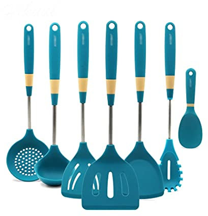 utensilios de cocina set， 7 piezas de utensilios de cocina de silicona resistentes al calor con mango de acero inoxidable antiadherente