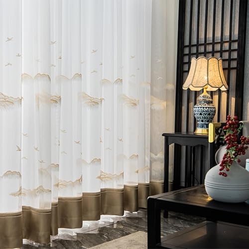 Wycian Gardine Querbehang Oben Gardinen 2er Set Beige Braun Voile Landschafts-Tuschemalerei H214 x B86 cm (2er Pack) Polyester