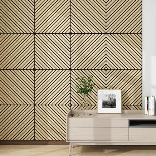 NEU.HOLZ Lot de 16 Panneaux Acoustiques Muraux et pour Plafond à Lamelles en Diagonale Isolation Sonore Style Scandinave Installation Facile Salon Studio MDF 5,76 m² 60 x 60 cm Effet Chêne Clair