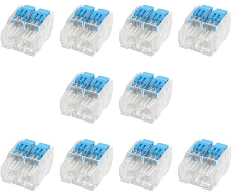 LumenEco 2-Conductor Reusable Electrical Wire Lever Cable Connectors, 4mm Compact Push-In Splicing Terminal Blocks for Solid and Stranded Wires, Easy Lock, Safe, UK Standard – Blue & Clear (10)