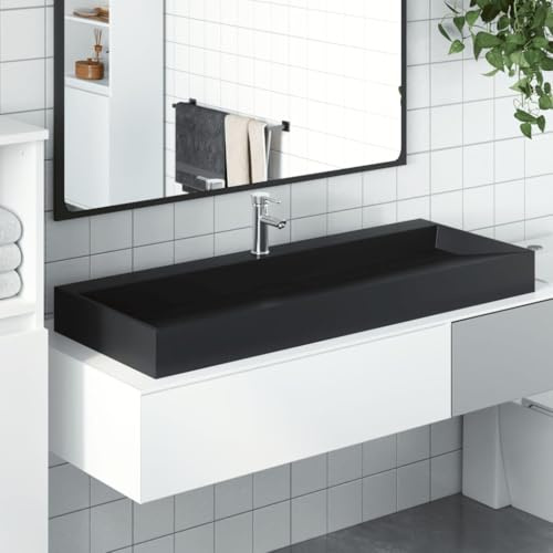 HaoChrymec Waschbecken 120x46x11 cm aus Mineralguss/Marmorguss, Mattschwarz, Aufsatzwaschbecken oder Wandwaschbecken, Naturstein Waschbecken, Für Badezimmer, Waschküche