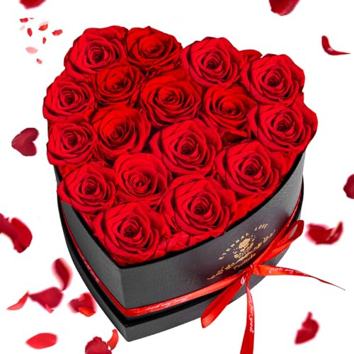17 Piezas Regalos Día de la Madre para Mujer con Rosas Natural Preservadas - Flores Eternas en Caja Corazón, Rosa Preservada para Mujer Novia o Mama, Navidad, San Valentín, Aniversario, Cumpleaños