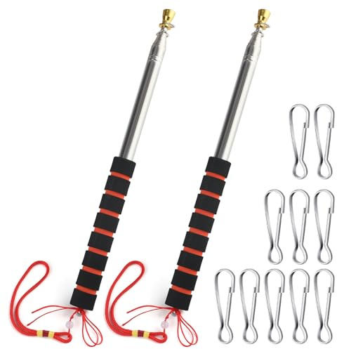 kclkda 2 Pieces Telescopic Handheld Flagpole with 10 Pieces Flag Clips, Stainless Steel Telescopic Pole Pointer Stick, Extendable Portable Flag Pole for Festival Camping Tour Guide Teaching (8.2FT)