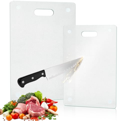 Tempered Glass Cutting Board Set 2Pcs Clear Glass Cutting Boards Scratch Resistant Dishwasher Safe Glass Chopping Board Set for Kitchen