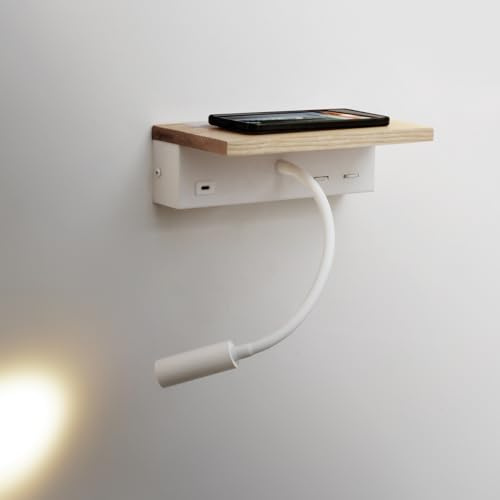 Lampada da parete in legno per camera da letto, lampada da comodino bianca con ricarica di tipo C, luce da lettura a LED da 3 W, moderna applique da parete da 13 W con interruttore per corridoio