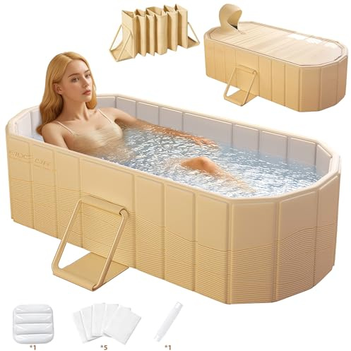Faltbare Badewanne mit Deckel für Eis- & Heißbäder, mobile Badewanne für Erwachsene Indoor & Outdoor, inkl. Kissen, 5 Wannenliner, Abflussrohr, montagefrei, ideal für Familien-Spa & Paardusche, 150cm