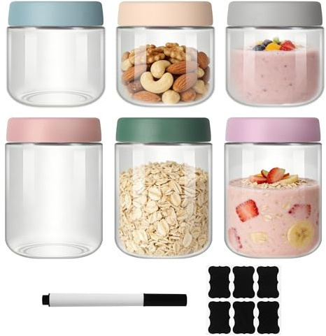 Set di 6 Barattoli per Overnight Oats, Barattoli in Vetro, Vasetti per Yogurt, Barattoli di Vetro Ermetici con Coperchi per Conservare L'avena, lo Yogurt, Bomboniere e i Cereali, 300 ml e 500 ml