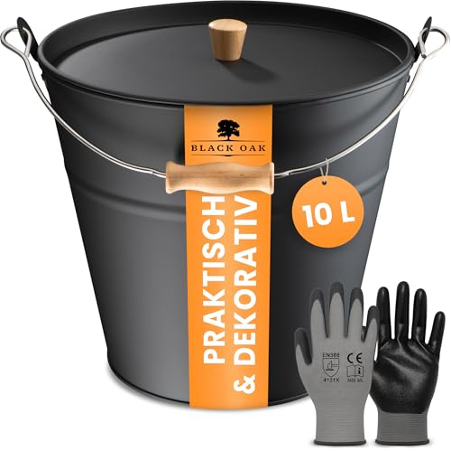 Black OACK Cubo de ceniza FUEGO 10 L – Negro con tapa con mango de madera y guantes – 10 l acero galvanizado y recubierto de polvo cubo para cenizas de carbón Pellets Accesorios Chimenea