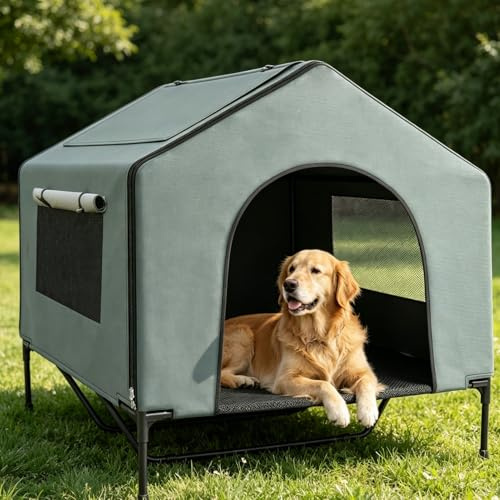 XIAPIA Hundeliege Outdoor mit Dach, 100x100cm Erhöhtes Hundebett | Wasserdichtes Hundehaus für Große Hunde mit UV-Schutz 50+ & Rollos, Kratzfestes Outdoor Hundezelt für Garten & Camping