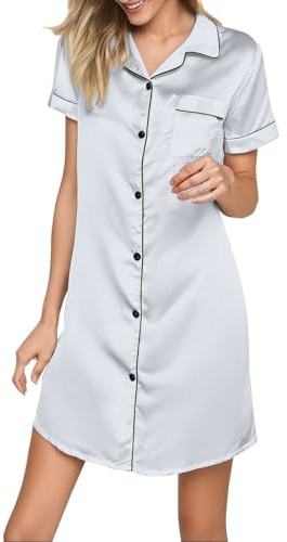 Leaomuny Camicia da Notte Parto Ospedale Manica Corta Seta Camicie Notte Donna Aperta Davanti Scollo a V Vestaglia Gravidanza Comodo Sottoveste Casual Taglie Forti da Casa Pigiama Vestito Morbido