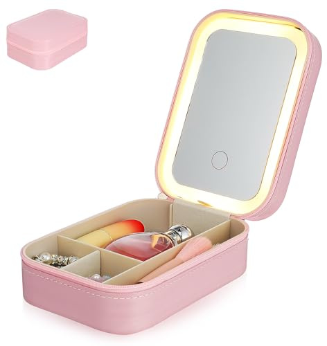 COMPUKAS Small Makeup Case with Mirror, 1200mah Rechargeable Light, Pu and Glass Material, Sturdy Construction, Bright Lighting, Cute Design for Organizing Jewelry and Travel