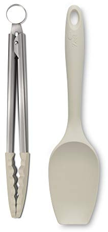 Zeal JSET11C Non-Stick Silicone Large Spatula Spoon & Cooking Tongs 2-Piece Set-Cream