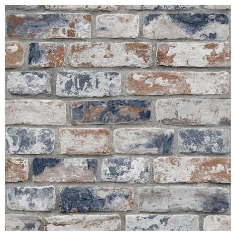 Fresco Navy/Red Industrial Distressed Brick Wallpaper | Navy/Red Brick Wallcovering | Eco-Friendly Wallpaper