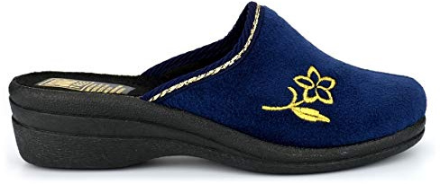 Womens Wedge Heel Mule Slippers Ladies Wedge Slippers with Flower Embroidery Detail Navy