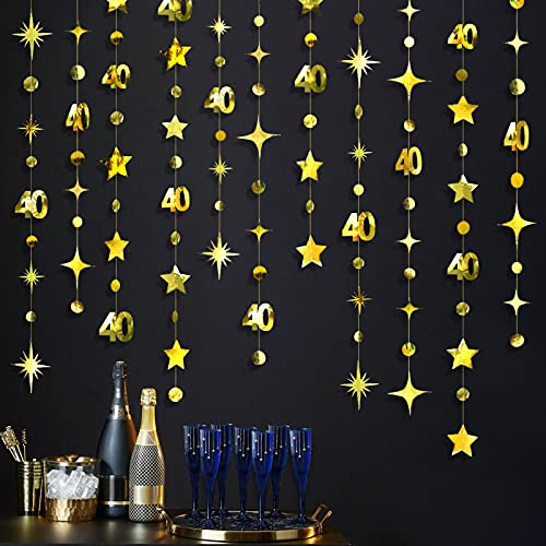 Goldfarbene Girlande zum 40. Geburtstag, Zahl 40, Kreis, Punkte, Sterne, Metallic, zum Aufhängen, Wimpelkette, Banner für Damen und Herren, 40 Jahre