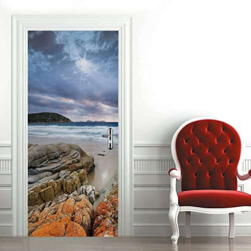 A.Monamour Türtapete Selbstklebend Türfolie Türposter 3D Felsen Und Meeres Landschaft Bei Sonnenuntergang Vinyl Folie Türdeko Tapete Wandbild Türaufkleber Türtattoo 95 x 215 cm