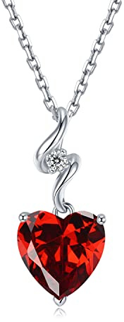 GEMLANTO Collar de corazón de oro blanco macizo de 14 quilates, colgante delicado de granate auténtico con diamante de 0,015 quilates con cadena de plata de ley, collares con piedra natal de enero