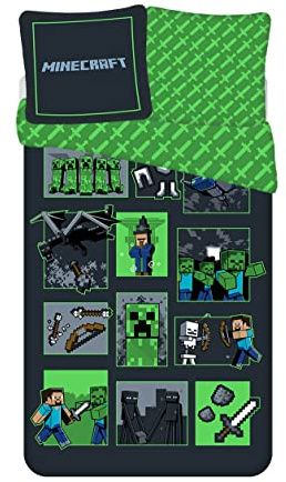 Juego de Cama Minecraft Survival Moda, 100% algodón, Funda nórdica de 140 x 200 cm + Funda de Almohada de 65 x 65 cm
