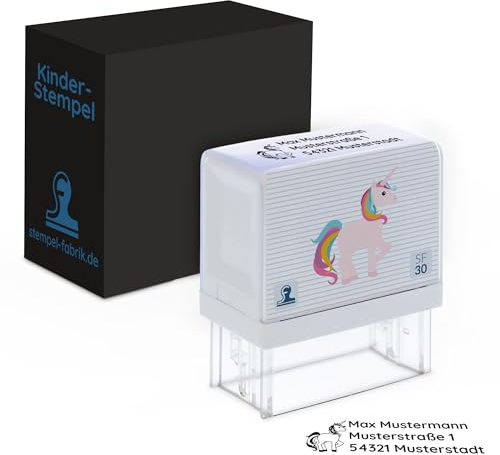 STEMPEL-FABRIK Kinderstempel Einhorn, Namensstempel personalisiert | Namensstempel & Adressstempel für Kinder mit Einhorn-Motiv, für Schule & Kindergarten, selbstfärbend, 47x17 mm