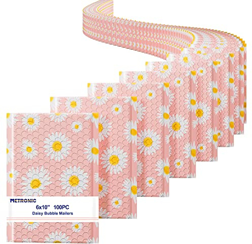Metronic Bubble Mailers 6x10 Inch 100 Pack Pink Bubble Mailer Usable Size 6x9 Self-Seal Adhesion Padded Envelopes Pretty Padded Mailers for Jewelry, Makeup, Cards, Fancy Daisies