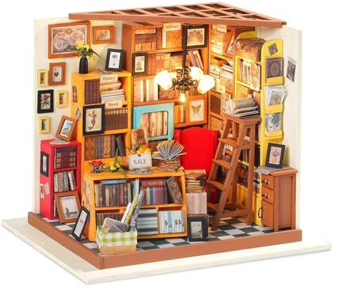 RoWood DIY Miniatur Haus Buchhandlung Puppenhaus mit Licht, DIY Mini Holz Haus Modell Set, Bastelset Geburtstag Geschenke für Erwachsene Frauen Mädchen