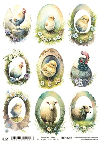 Josys Bastelmärchen Reispapier A4 Strohseide Ostern Ostereier Küken Schafe Blumen Hühner Hahn RE1686