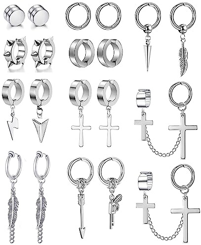 20 Stück Magnet Ohrstecker Clip Ohrringe Kreuz Feder Anhänger Set Fake Ohrringe Herren, Edelstahl, Silber