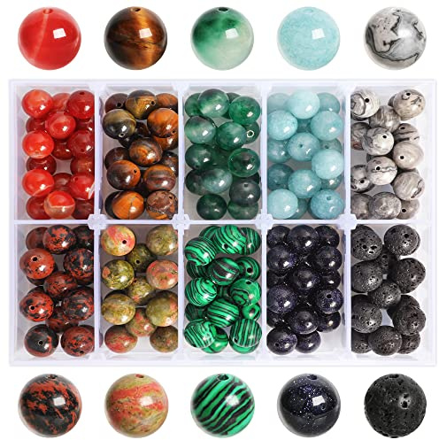 SOSMAR 170 Stück Natürliche Edelsteine ⌀10mm rund Perlen für Armbänder Halsketten Schmuck Basteln Auffädeln, 10 Sortierte Steinperlen Edelsteinperlen