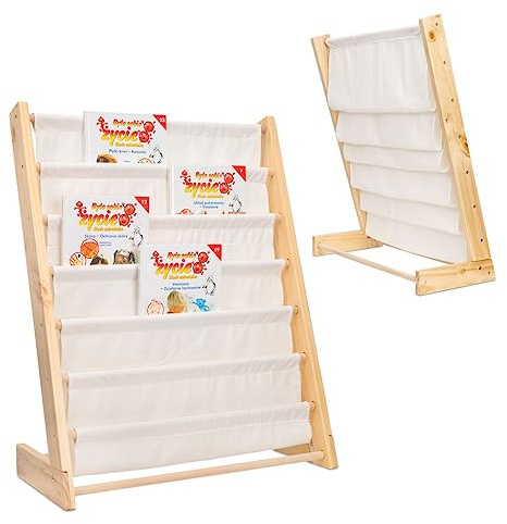 Sherwood Store Montessorianisches Bücherregal, Regal Möbel für Kinderzimmer aus Holz mit leicht zugänglichen Taschen aus weichem Baumwollstoff, Bücherregal aus Naturholz für Kinder, 62,5 × 30 × 79 m