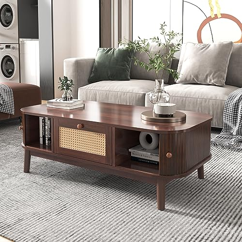 Merax Couchtisch Niedriger, Moderner Kaffeetisch mit Schubladen und Schiebetüren aus Massivholzplatten, Wohnzimmertisch mit Stauräume, Multifunktionaler Beistelltisch Sofatisch, Landhausstil, Braun