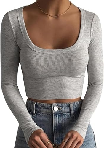 Rongseng Camiseta de Manga Larga para Mujer Crop Tops Sexy Slim Fit Camisetas Corta Cuello Redondo Y2K Básico Top Deportivo Elasticidad T-Shirt Color Sólido Jersey Pullover Moda Casual Streetwear