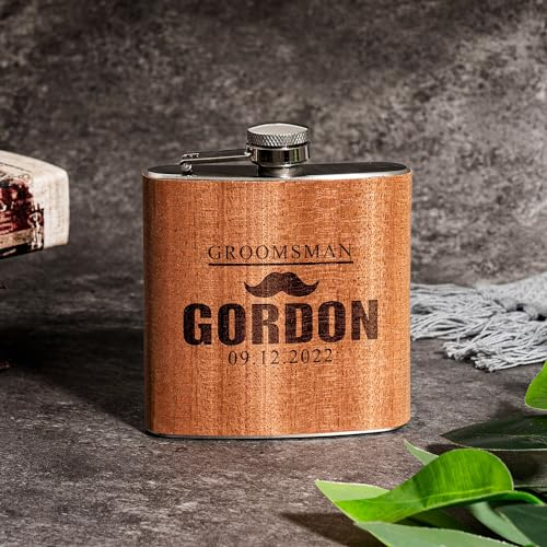 Flasque gravée en bois marron et acier inoxydable avec entonnoir, cadeau de mariage personnalisé pour témoin d'honneur, fête des pères, anniversaire pour père